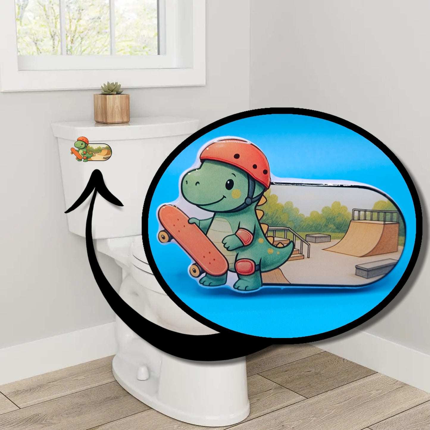 Bathroom Toilet Handle - Skateboard Dinosaur